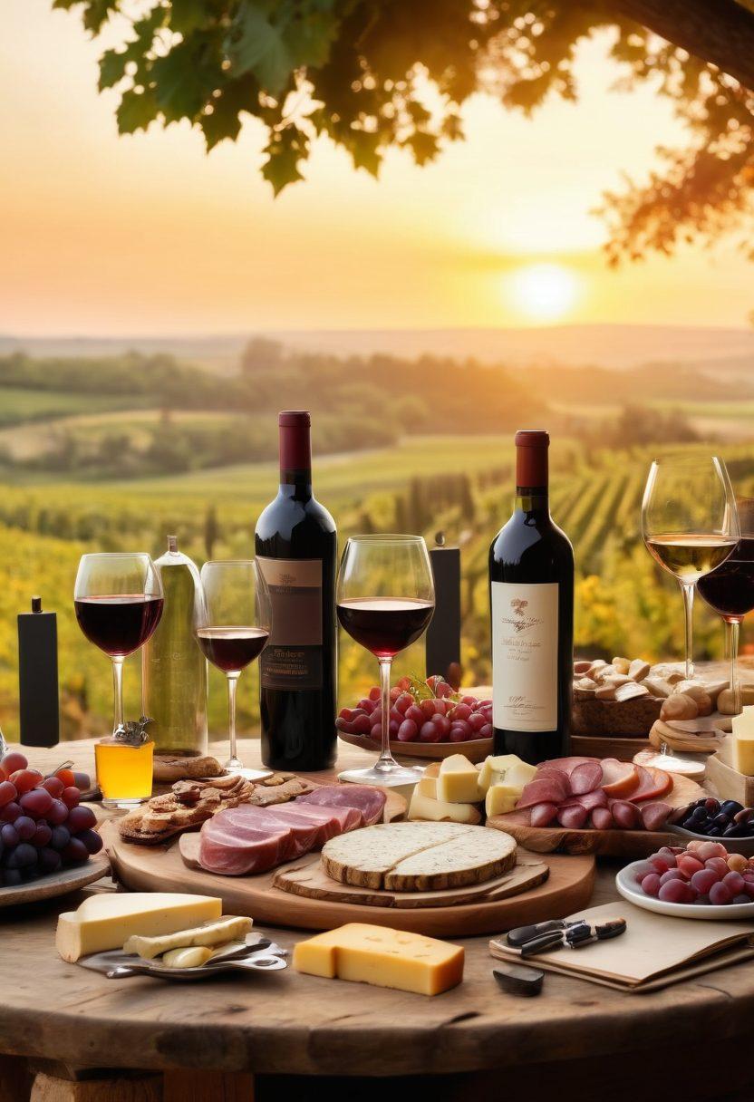 A beautifully arranged table set with a variety of exquisite wine bottles, elegant glasses filled with different wines, and gourmet food pairings like cheese and charcuterie. In the background, a rustic vineyard landscape under a golden sunset. Decorative wine accessories such as corkscrews and wine book guides scattered elegantly. A soft, inviting atmosphere to evoke the joy of wine tasting. super-realistic. vibrant colors. soft lighting.
