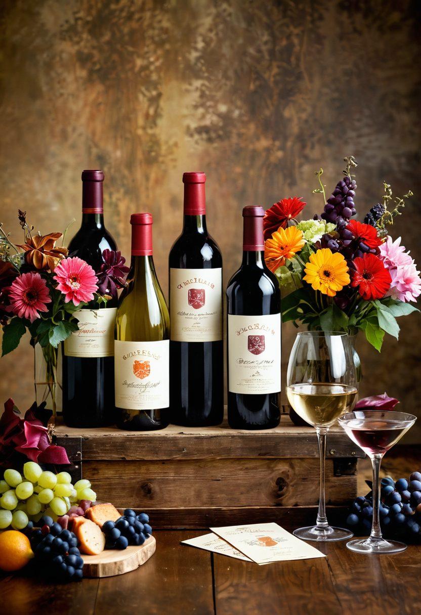 A beautifully arranged wooden table featuring an assortment of elegant wine bottles with colorful labels, surrounded by delicate wine glasses, a cozy basket filled with gourmet snacks, and vibrant flowers in a rustic vase. The backdrop shows soft, warm lighting with silhouettes of wine enthusiasts cheering with glasses raised, embodying celebration and joy. super-realistic. warm colors. intimate setting.