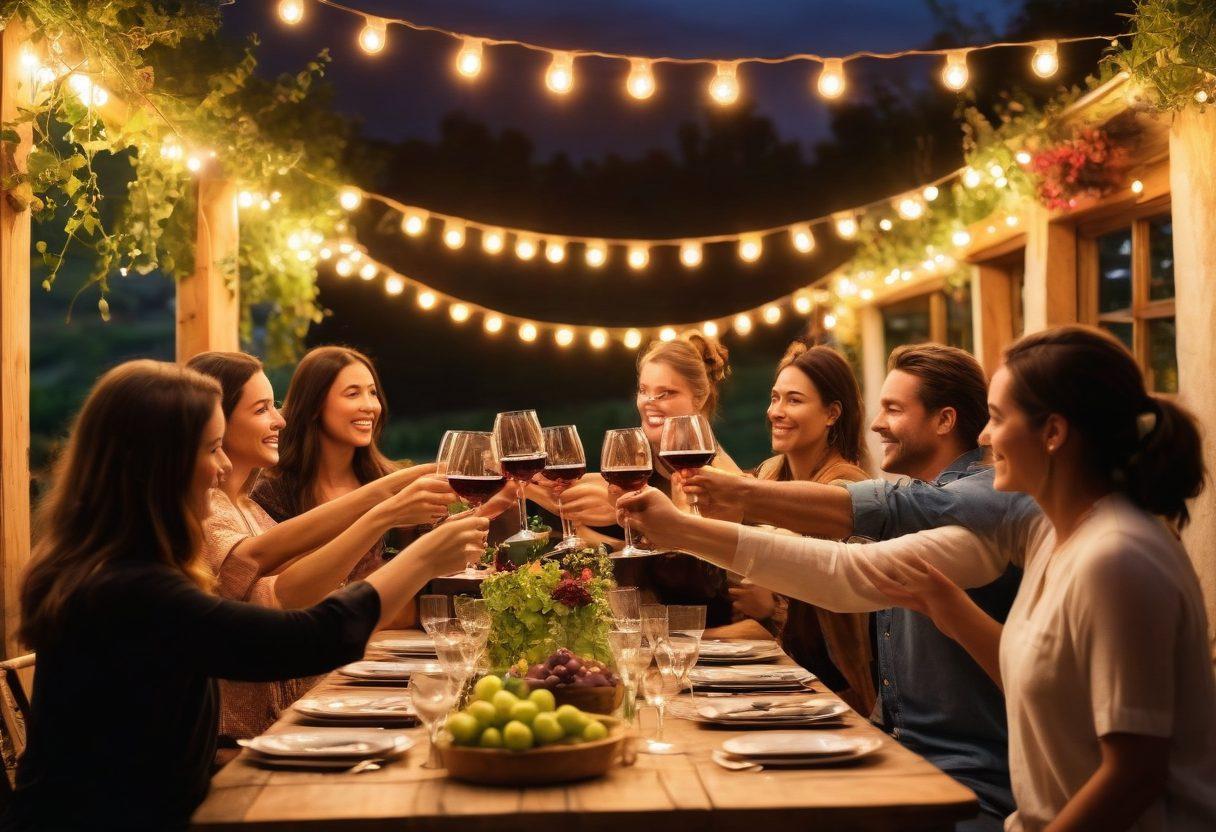 A vibrant outdoor wine event scene with people celebrating, holding glasses filled with different wines, surrounded by grapevines and barrels. Colorful string lights hanging overhead, creating a festive atmosphere. A backdrop of rolling hills and a sunset for an enchanting glow. Include a diverse group of friends engaging and toasting together, showcasing warmth and community. painterly style. vibrant colors. atmospheric lighting.